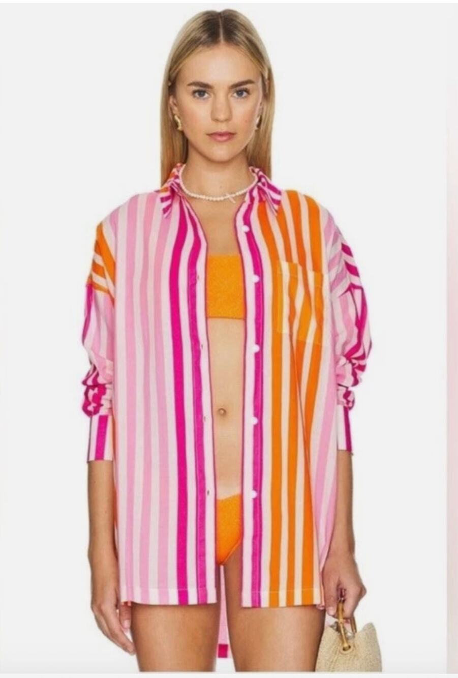 Beach Riot Alexa Top Oversized Button Down Sunset Stripe Cover Up